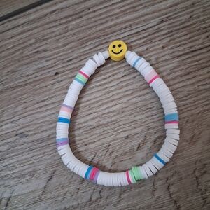 White & Multicolor Clay Beaded Bracelet W/ Smiley Face
